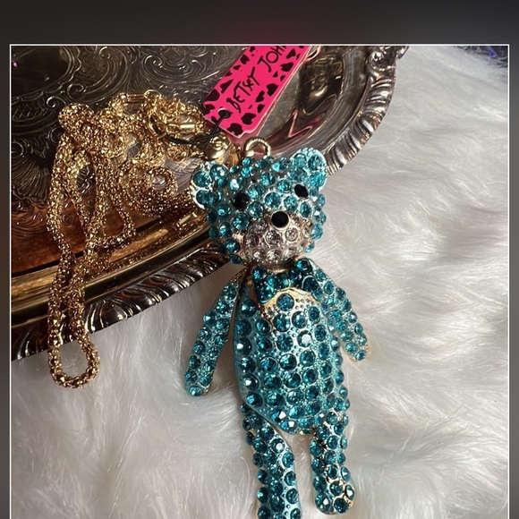 Betsey Johnson Teddy Bear Charm Necklace Pendant w/ Blue Crystals & Gold Chain - Picture 3 of 5